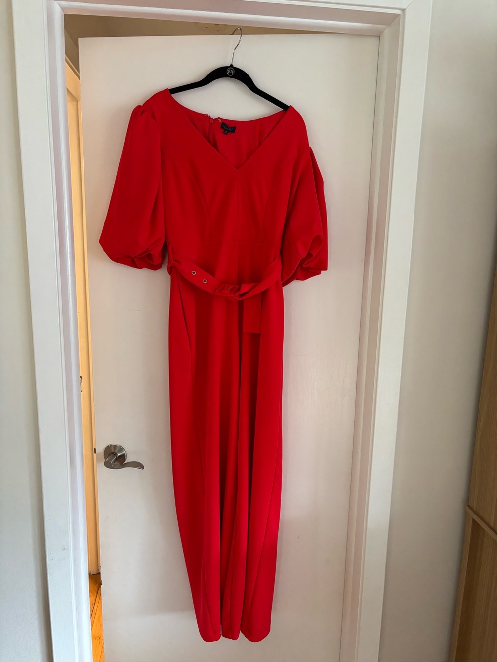 RACHEL Rachel Roy Red V-Neck jumpsuit with Puff Sleeves and Belt